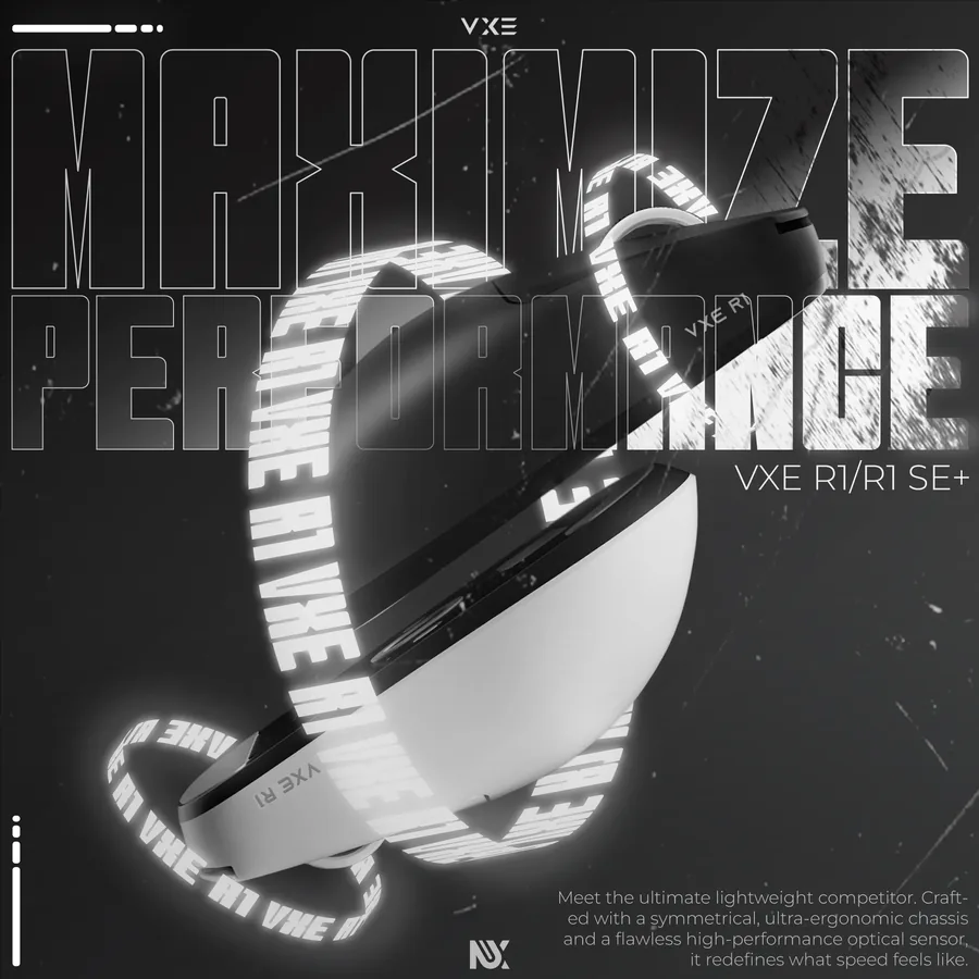 Monochrome poster for the VXE R1 gaming mouse inside a glowing light ring