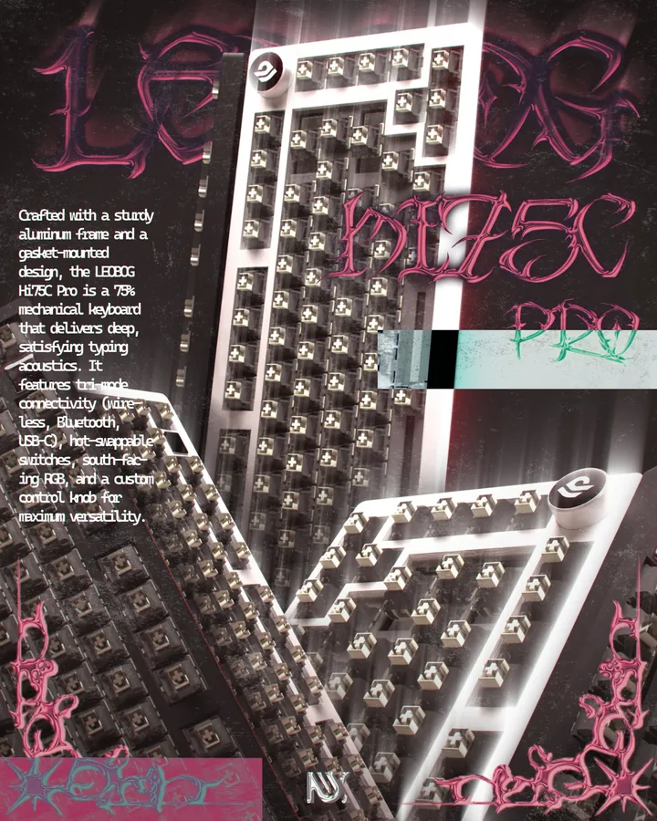 Chrome and magenta poster deconstructing an aluminium mechanical keyboard frame