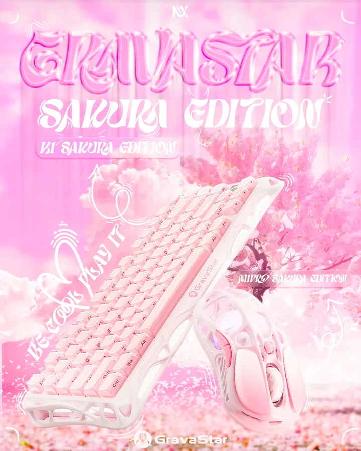 Pastel pink GravaStar Sakura Edition poster with a keyboard floating in clouds