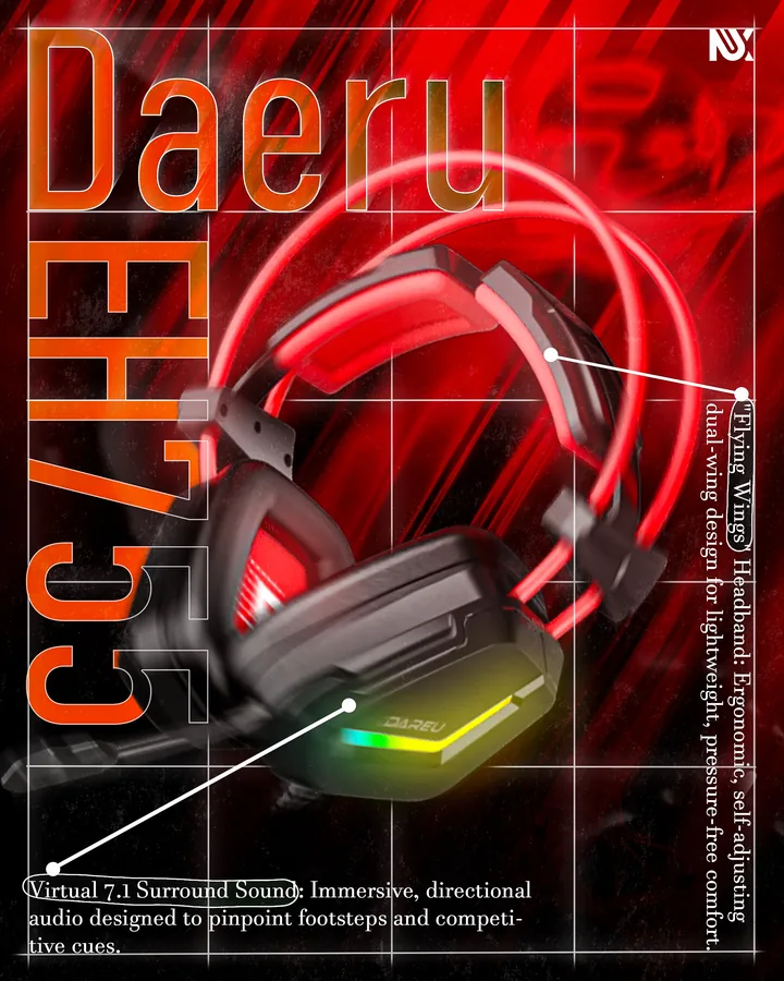 Red and black poster for the Daeru EH755 gaming headset